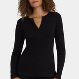 Shimmer Rib Knit Henley Top - Black