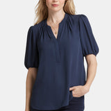 Short Puff Sleeve Popover Top - Oxford Navy