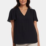 Pleated Flutter Sleeved Blouse - Black