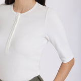 Ribbed Elbow Sleeved Henley - Optic White