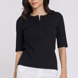 Ribbed Elbow Sleeved Henley - Black