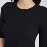 Ribbed Elbow Sleeved Henley - Black