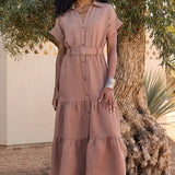 Belted Tiered Shirtdress - Toasted Coconut