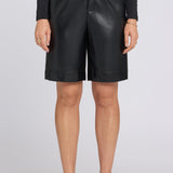 Vegan Stretch Leather Relaxed Bermuda Shorts - Black