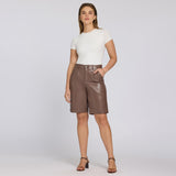 Vegan Stretch Leather Relaxed Bermuda Shorts - Deep Taupe