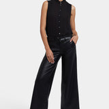 Vegan Stretch Leather Wide Leg Trouser Pants - Black