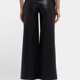 Vegan Stretch Leather Wide Leg Trouser Pants - Black