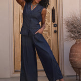 Giselle Wide Leg Ankle Trouser Pants - Dark Indigo