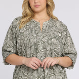 Pleated Short Sleeved Blouse In Plus Size - Leafy Rose