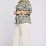 Pleated Short Sleeved Blouse In Plus Size - Leafy Rose