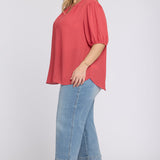 Short Puff Sleeved Popover Top in Plus Size - Chrysanthemum