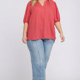 Short Puff Sleeved Popover Top in Plus Size - Chrysanthemum