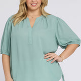 Short Puff Sleeved Popover Top In Plus Size - Valley of Daisies