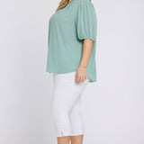 Short Puff Sleeved Popover Top In Plus Size - Valley of Daisies