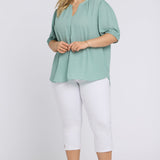 Short Puff Sleeved Popover Top In Plus Size - Valley of Daisies