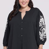 Embroidered Knit Blouse In Plus Size - Black Ivory