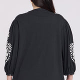 Embroidered Knit Blouse In Plus Size - Black Ivory