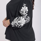 Embroidered Knit Blouse In Plus Size - Black Ivory